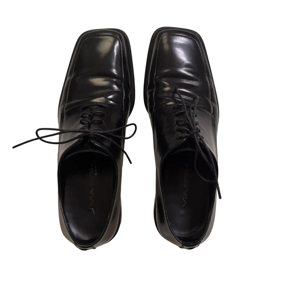 Via Spiga Dress Shoes 10.5 Black Square Toe Leather Lace Up Made in Italy 86